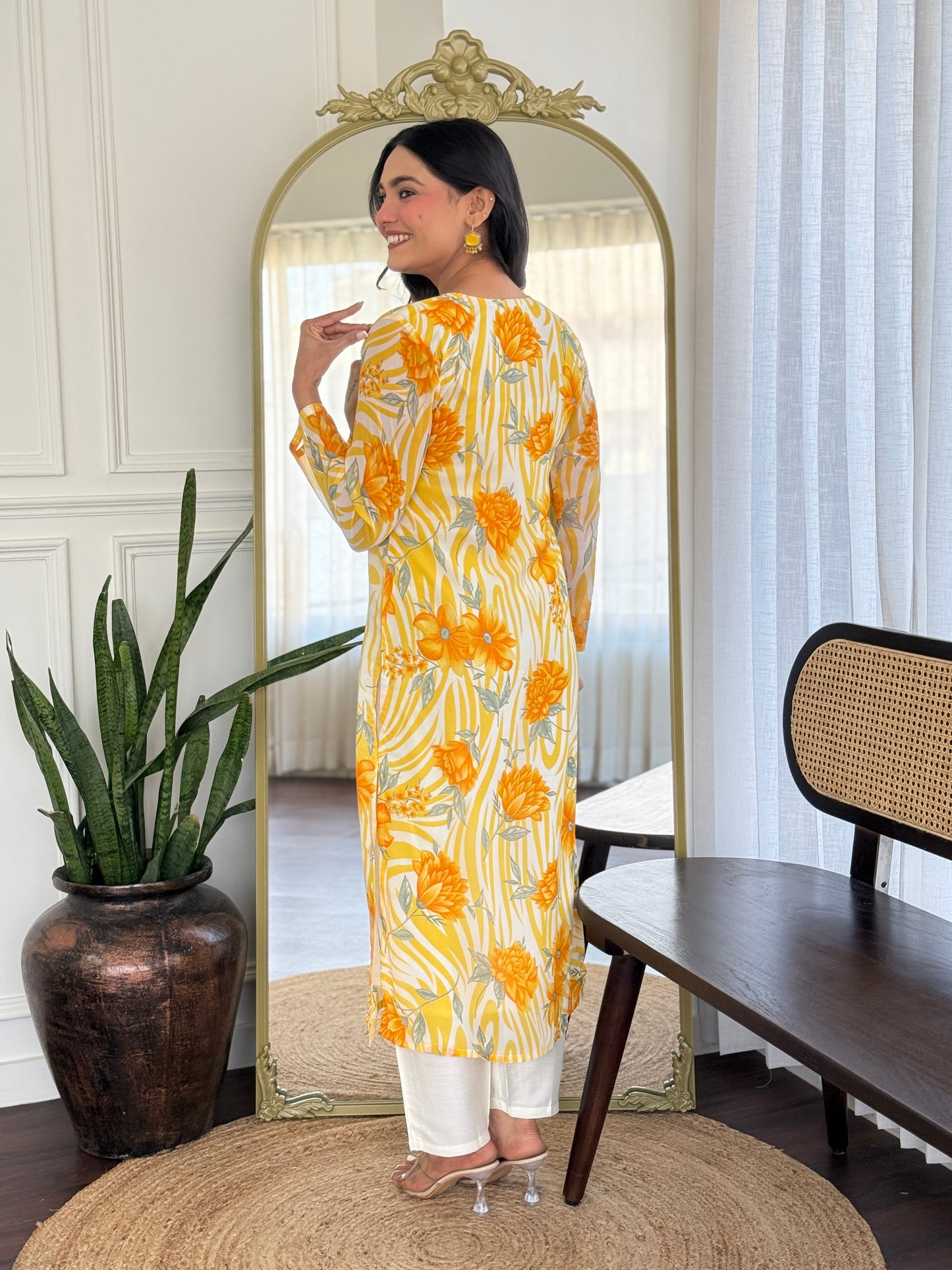 YELLOW COLOURED WOMEN'S GEORGETTE KURTA WITH PANT DUPATTA SET