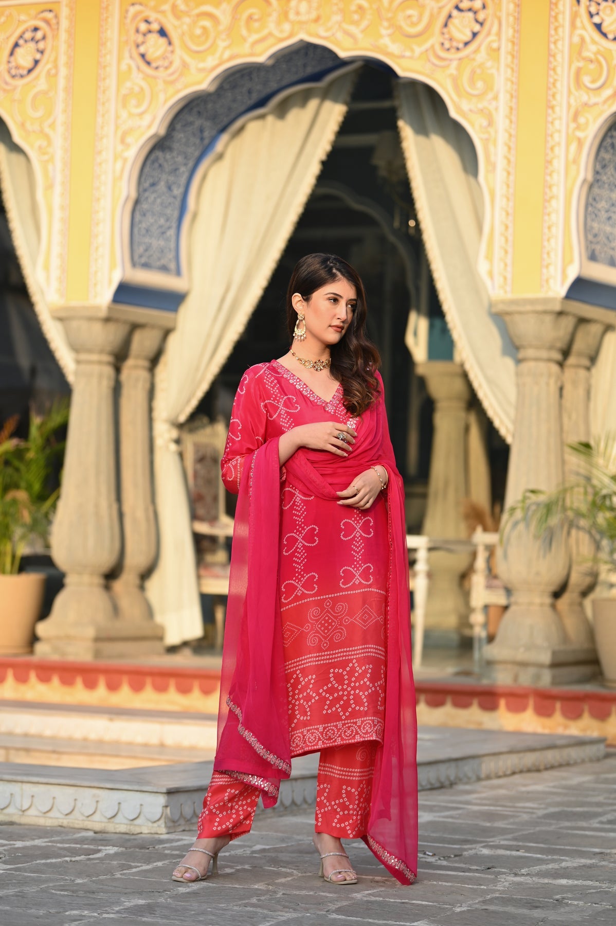 KASHISH RED COLOURED WOMEN'S SOFT CHINNON SILK KURTA WITH PANT DUPATTA SET