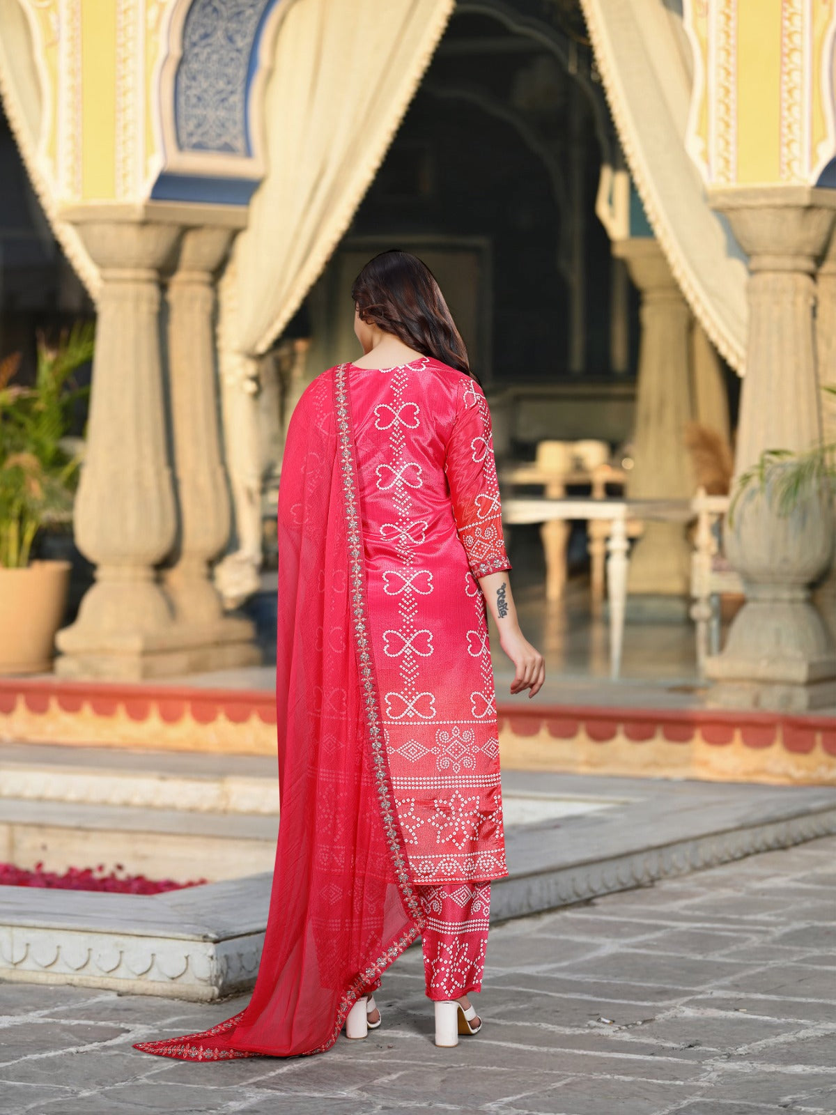 KASHISH RED COLOURED WOMEN'S SOFT CHINNON SILK KURTA WITH PANT DUPATTA SET