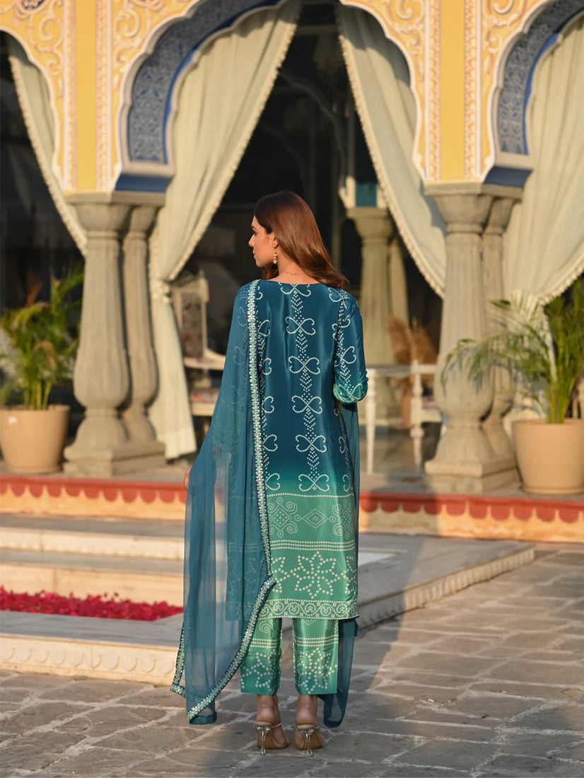 KASHISH TEAL COLOURED WOMEN'S SOFT CHINNON SILK KURTA WITH PANT DUPATTA SET