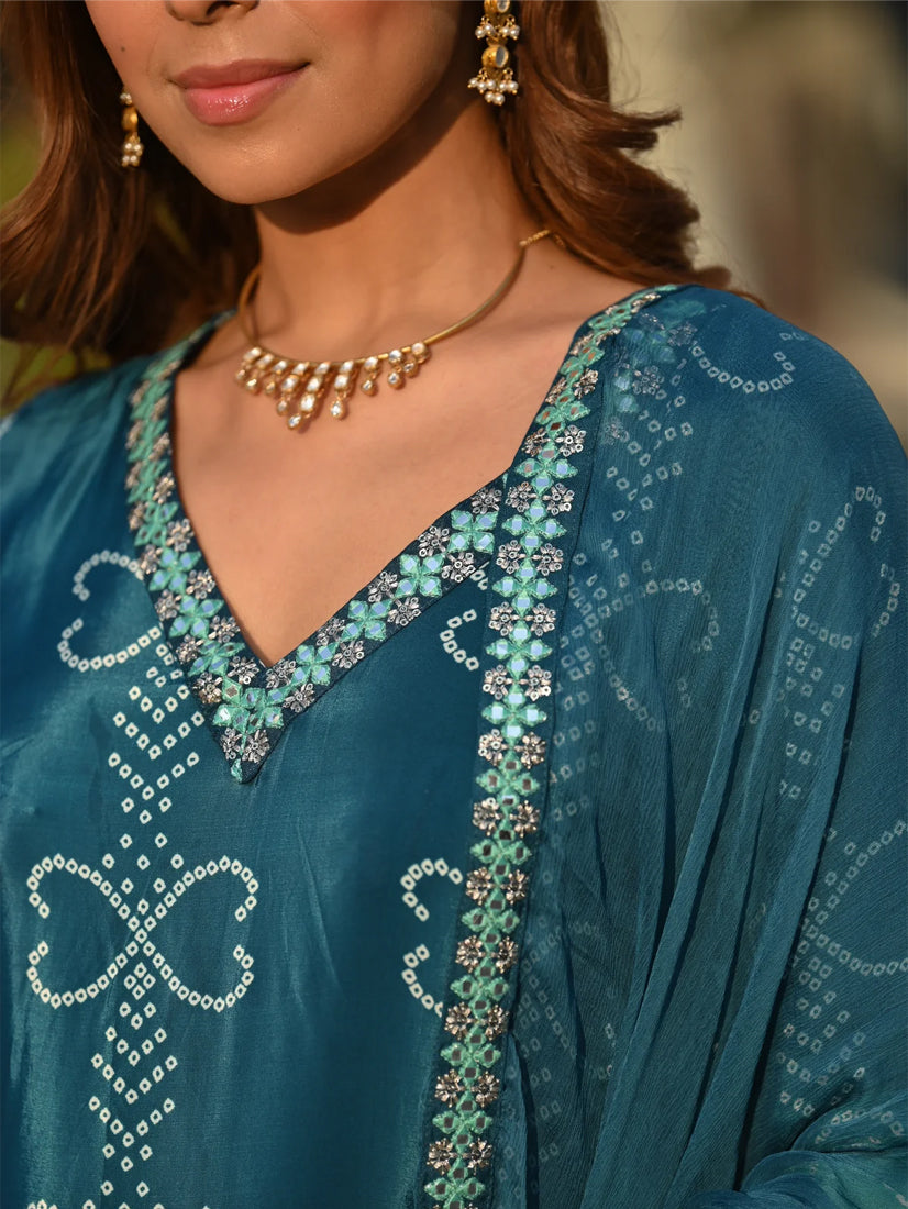 KASHISH TEAL COLOURED WOMEN'S SOFT CHINNON SILK KURTA WITH PANT DUPATTA SET