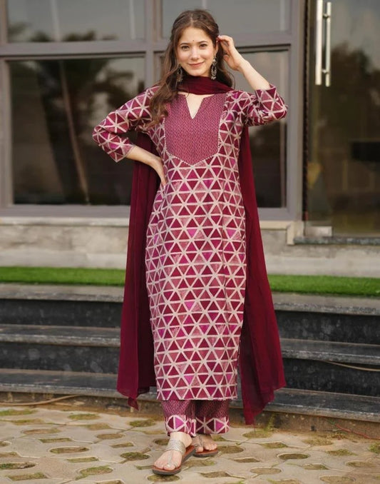 Gorgeous Maroon Colored Calf Length Kurta Set