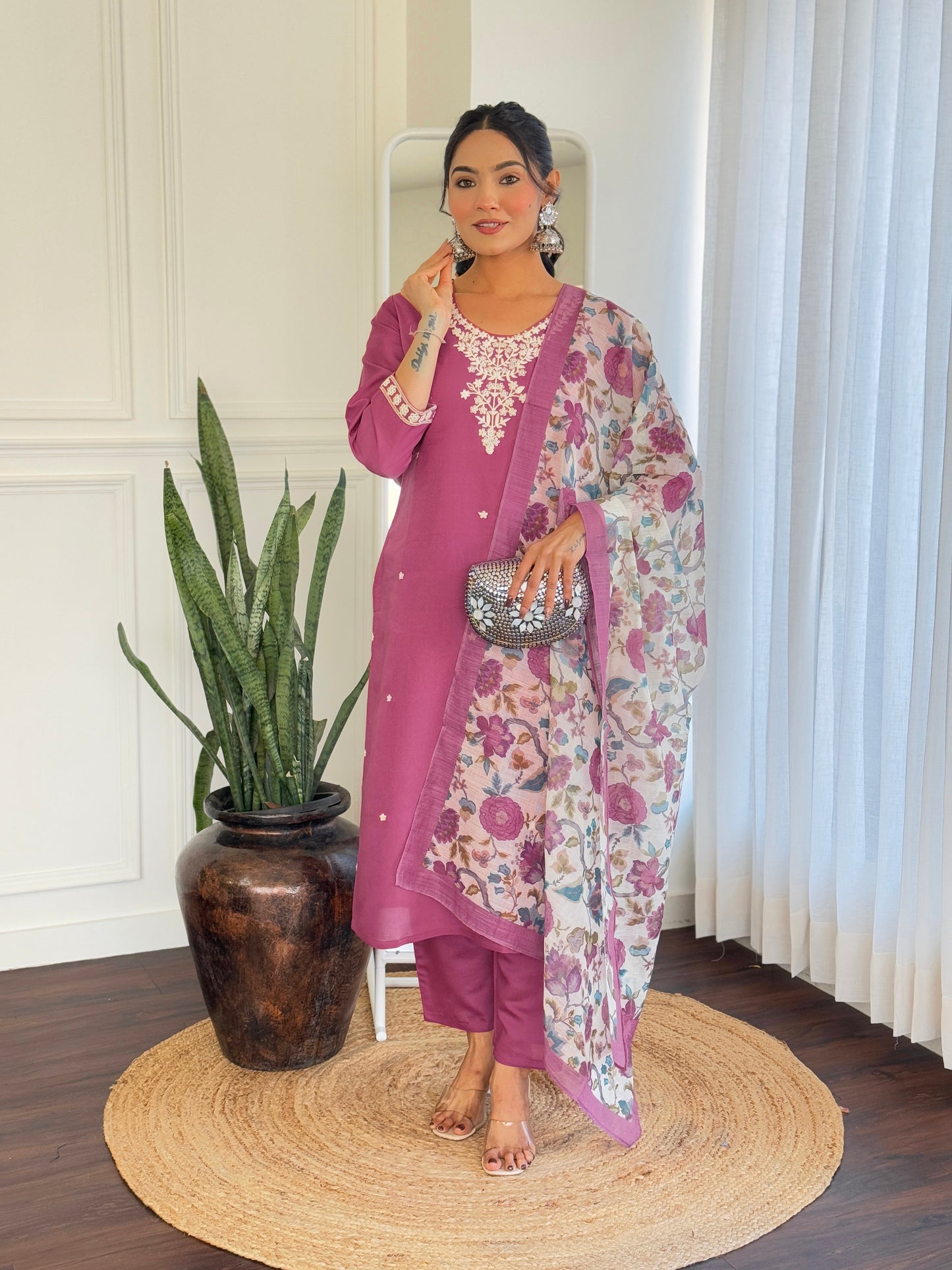 LIGHT PINK COLOURED WOMEN'S CHANDERI SILK EMBROIDERED STRAIGHT KURTA WITH PANT DUPATTA SET