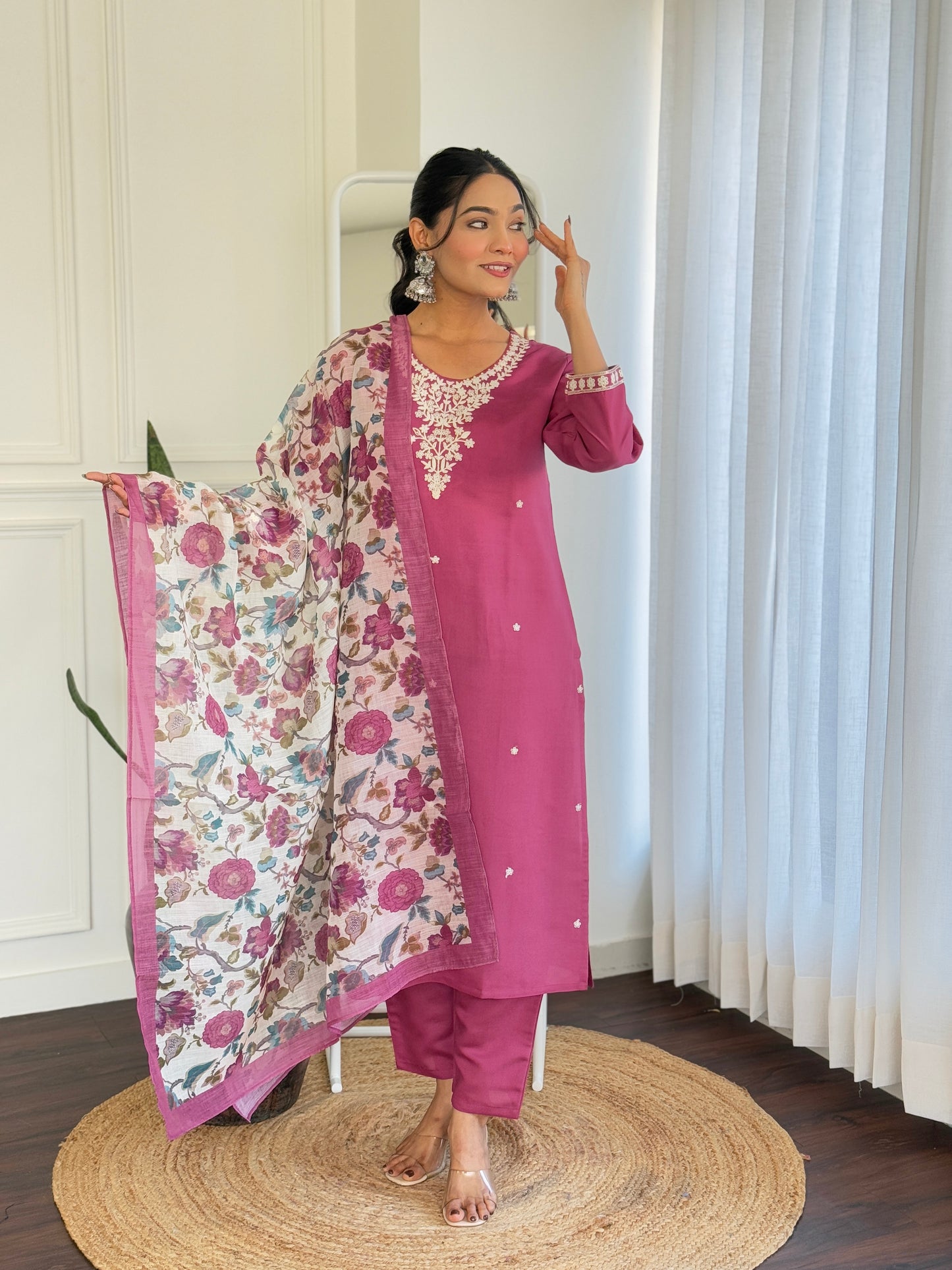 LIGHT PINK COLOURED WOMEN'S CHANDERI SILK EMBROIDERED STRAIGHT KURTA WITH PANT DUPATTA SET