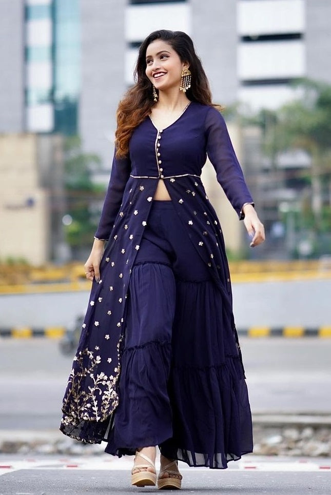 Navy Blue Coloured High Slited Kurta Set