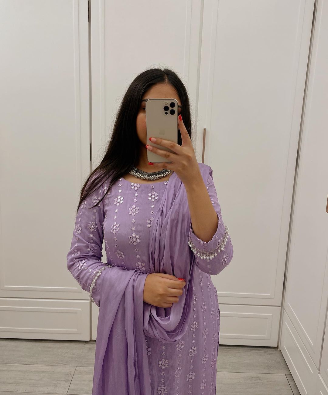 Gorgeou light purple Colored women's faux georgette Calf Length Kurta with dupatta Set