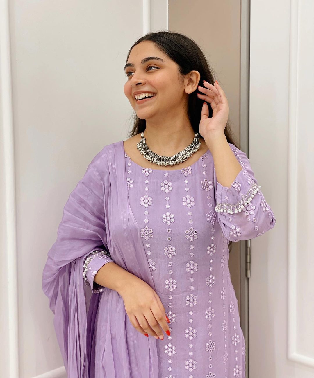 Gorgeou light purple Colored women's faux georgette Calf Length Kurta with dupatta Set
