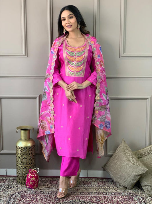 PINK  COLOURED  WOMEN'S VISCOSE CHANDERI KURTA WITH PANT DUPATTA  SET