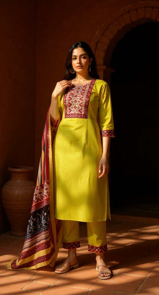 YELLOW COLOURED  WOMEN'S VISCOSE RAYON KURTA WITH  DUPATTA SET