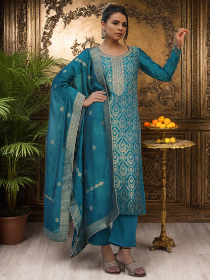 BLUE COLOURED  WOMEN'S SILK  KURTA WITH  DUPATTA SET