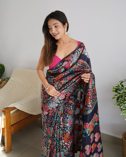 Kashmiri Weaving Multiple color thread weaving pure zari weaving Blue coloured saree