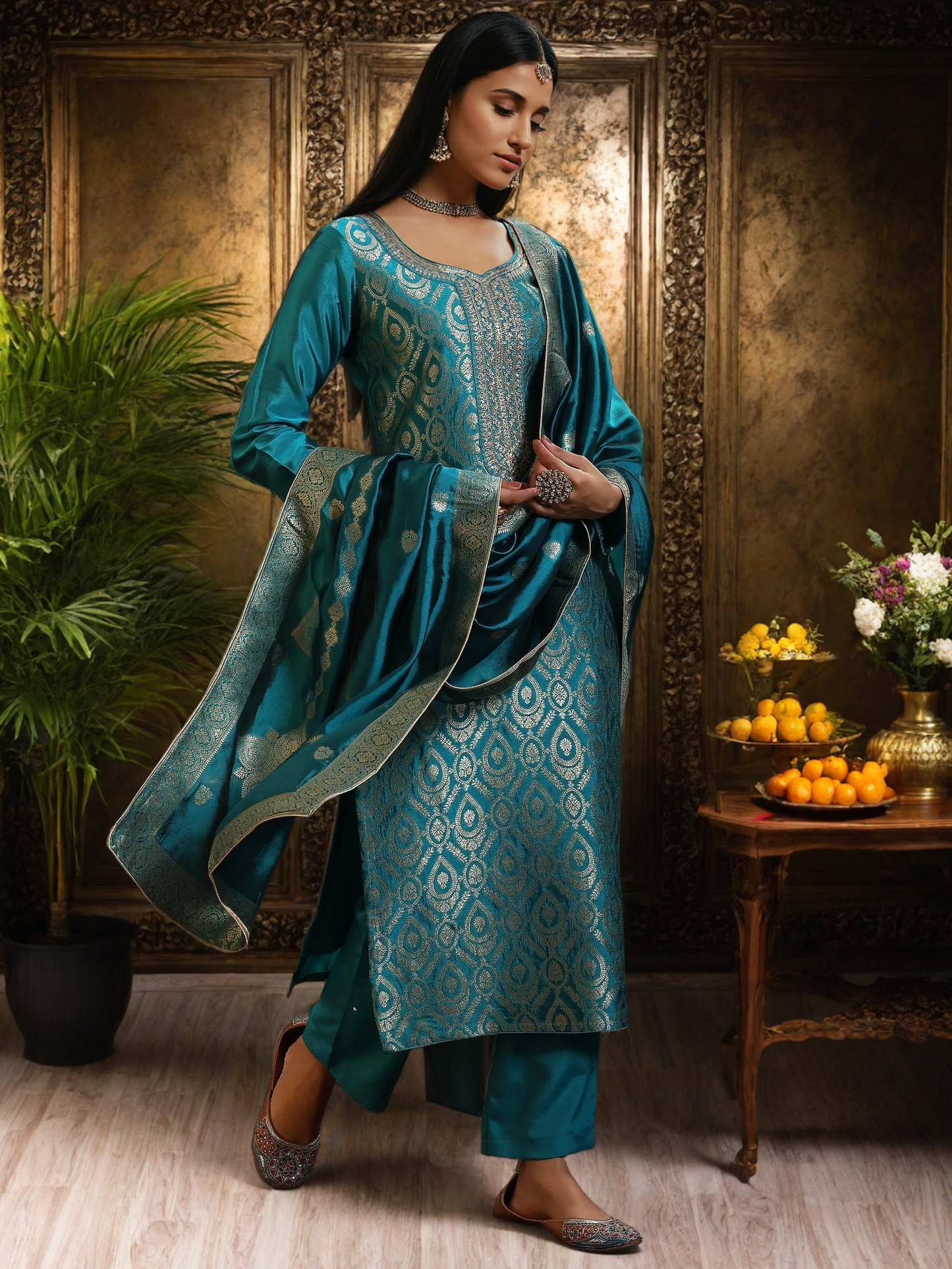 BLUE COLOURED  WOMEN'S SILK  KURTA WITH  DUPATTA SET