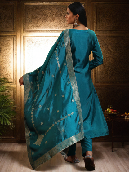 BLUE COLOURED  WOMEN'S SILK  KURTA WITH  DUPATTA SET