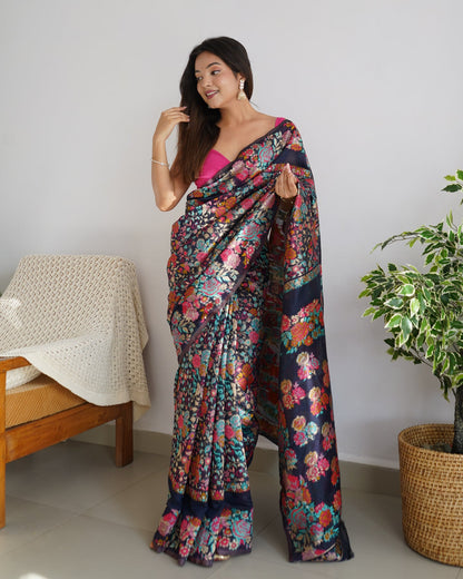 Kashmiri Weaving Multiple color thread weaving pure zari weaving Blue coloured saree