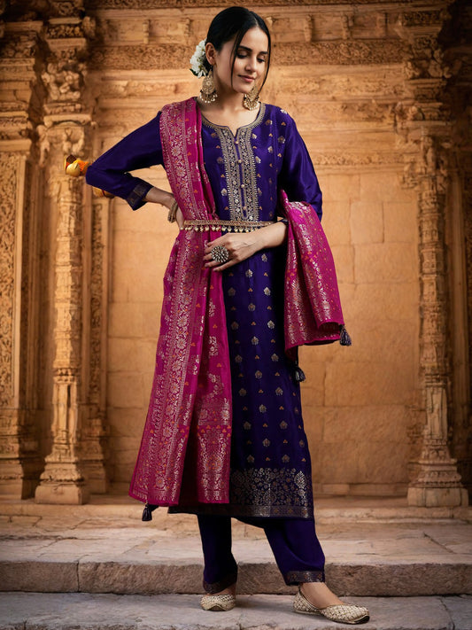 PURPLE COLOURED  WOMEN'S SILK  KURTA WITH  DUPATTA SET