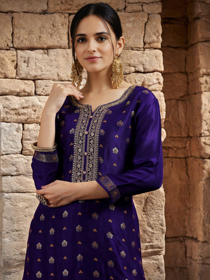 PURPLE COLOURED  WOMEN'S SILK  KURTA WITH  DUPATTA SET