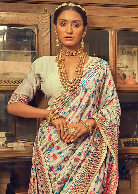 Kashmiri Weaving Multiple color thread weaving pure zari weaving white coloured saree