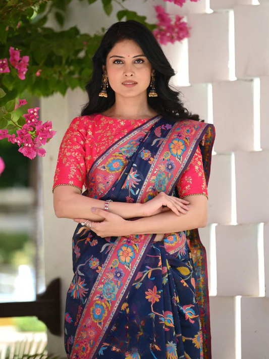 Kashmiri Weaving Multiple color thread weaving pure zari weaving Blue coloured saree