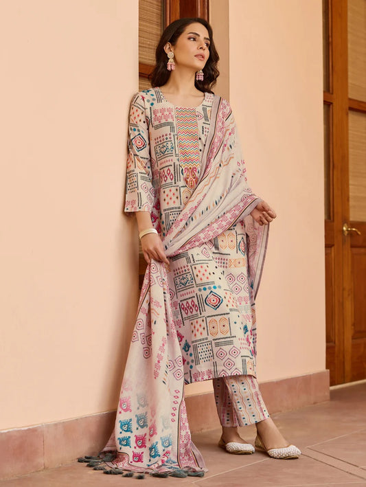 WHITE COLOURED  WOMEN'S COTTON EMBROIDERED  KURTA WITH PANT DUPATTA  SET