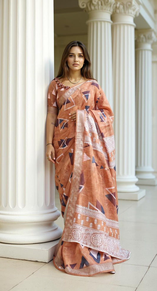 ORANGE  DIGITAL PRINTED COTTON SAREE