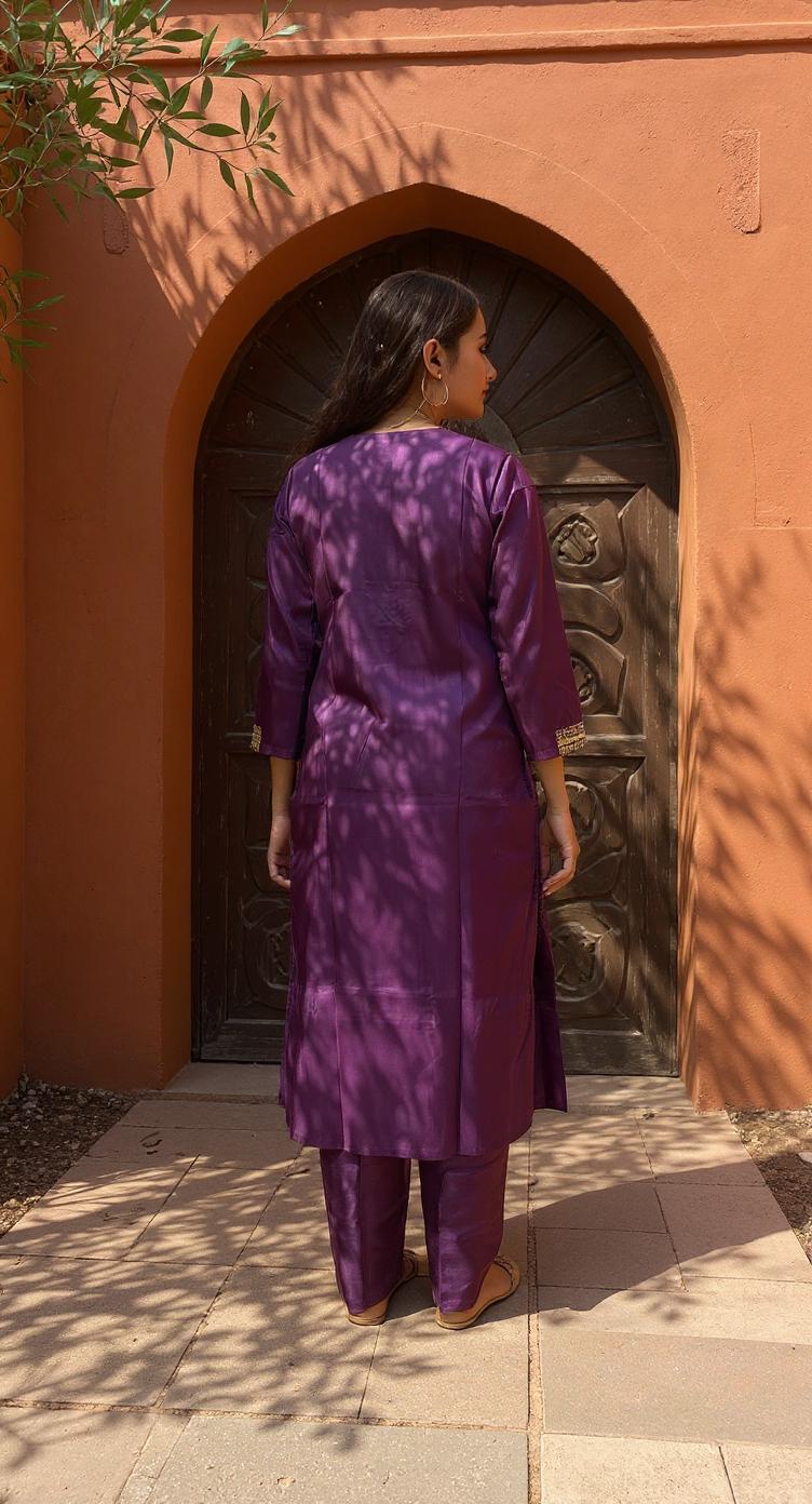 WINE COLOURED  WOMEN'S  POLYSTER  KURTA WITH  DUPATTA SET
