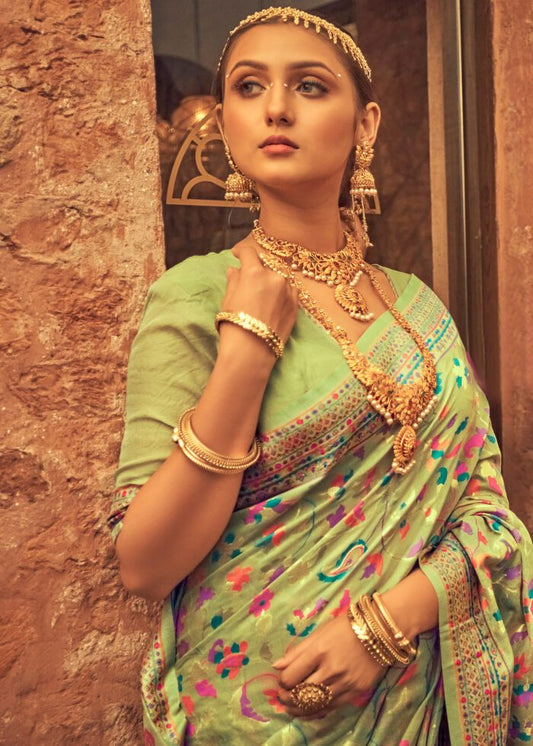 Kashmiri Weaving Multiple color thread weaving pure zari weaving Pista coloured saree