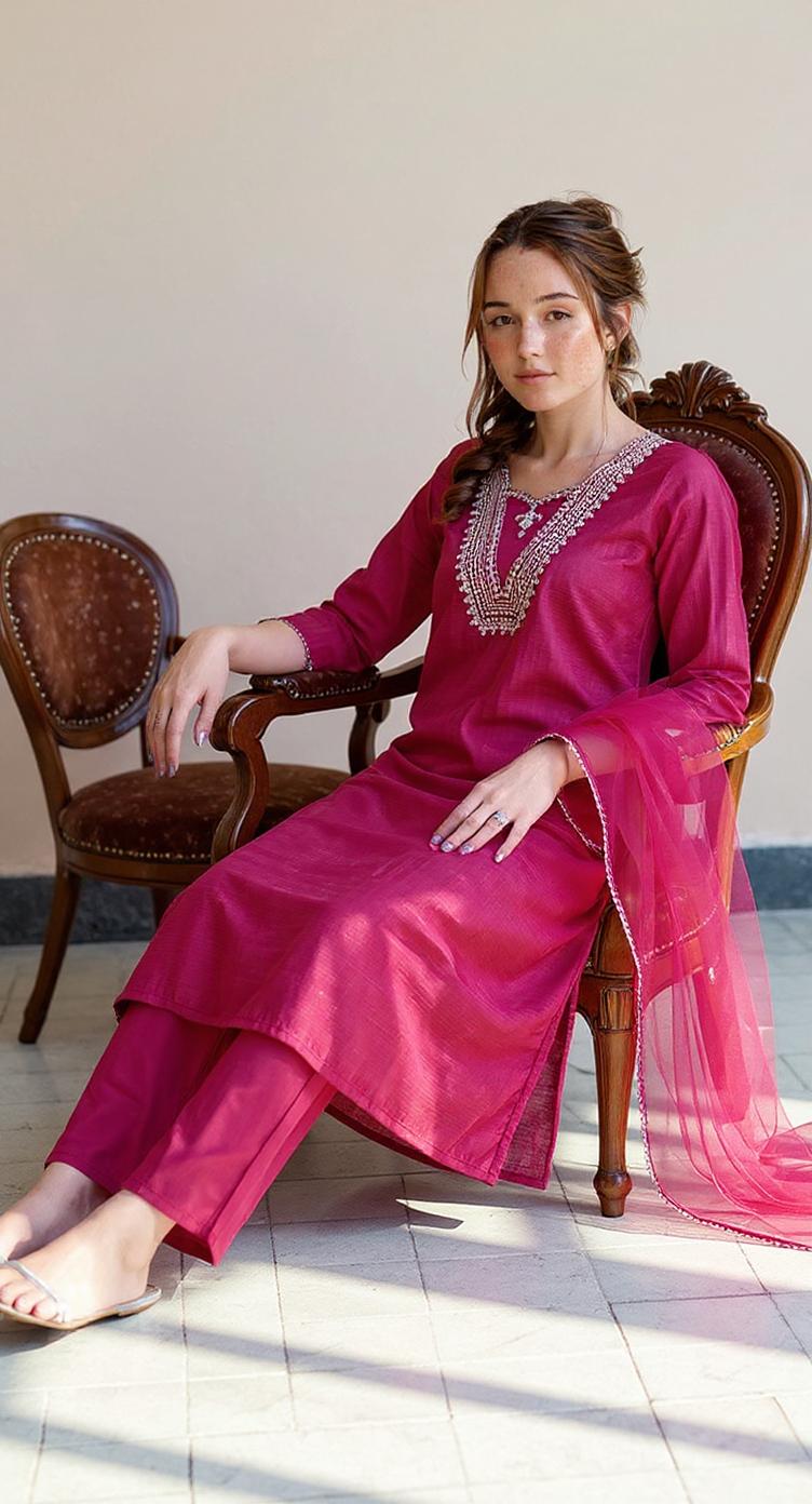PINK  COLOURED  WOMEN'S POLYSTER KURTA WITH  DUPATTA SET