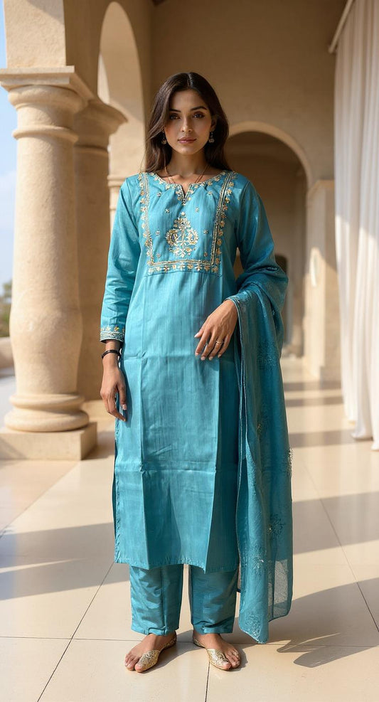 BLUE COLOURED  WOMEN'S POLYSTER KURTA WITH  DUPATTA SET