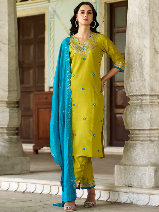 LEMON COLOURED  WOMEN'S CHANDERI  KURTA WITH  DUPATTA SET