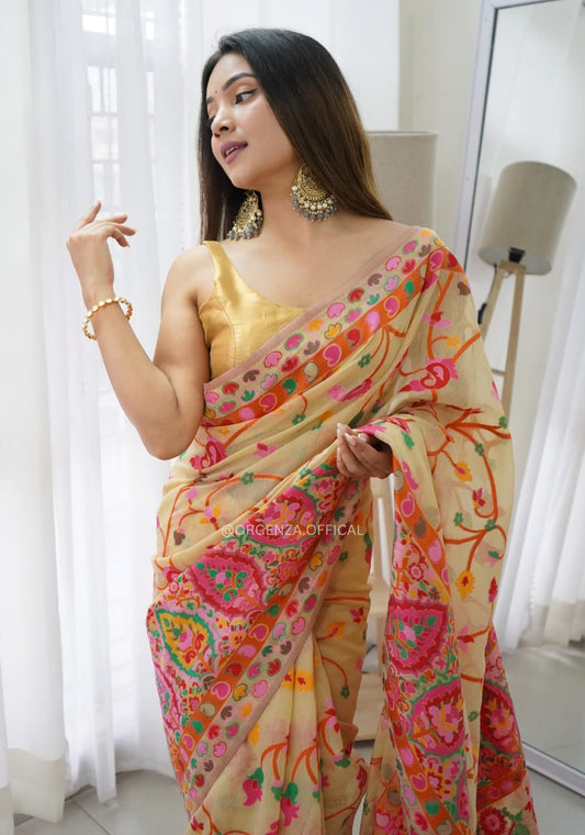 KASHMIRI WEAVING MULTIPLE COLOR THREAD WEAVING PURE ZARI WEAVING LIGHT YELLOW
