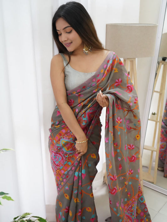 KASHMIRI WEAVING MULTIPLE COLOR THREAD WEAVING PURE ZARI WEAVING GREY