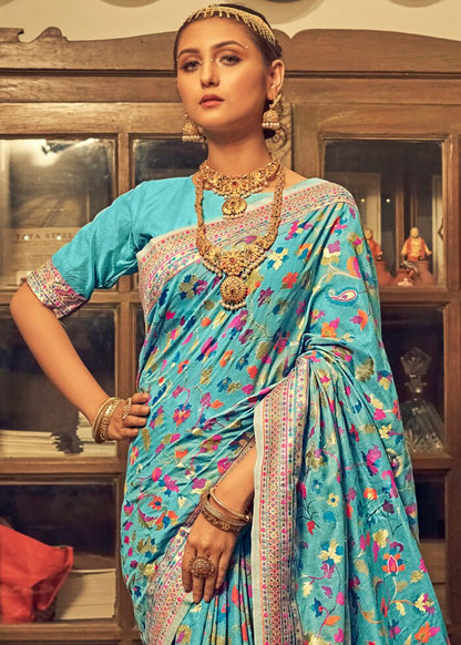 Kashmiri Weaving Multiple color thread weaving pure zari weaving Firozi coloured saree