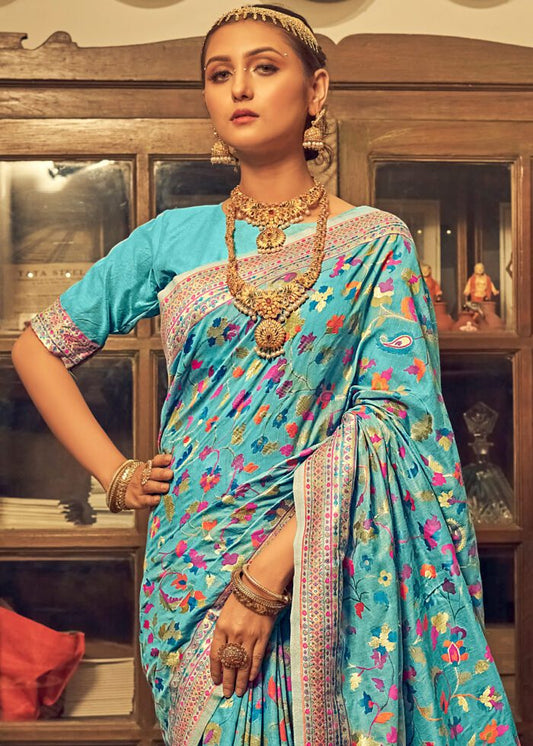 Kashmiri Weaving Multiple color thread weaving pure zari weaving Firozi coloured saree