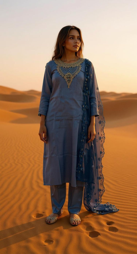 BLUE COLOURED  WOMEN'S  POLYSTER KURTA WITH  DUPATTA SET