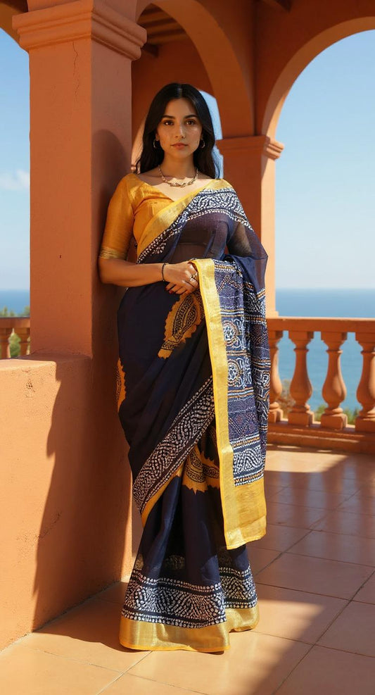 NEVY BLUE  DIGITAL PRINTED COTTON SAREE