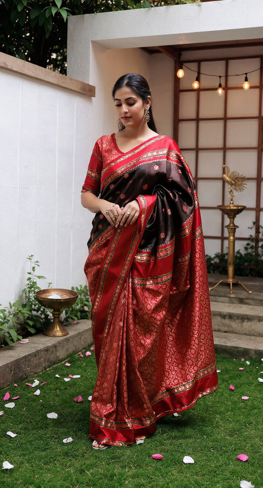 THE BANARASI SAREEIS MADE UP OF SILK THREADS WOVEN USING
