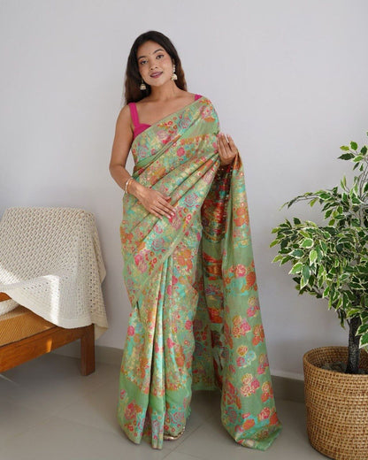 Kashmiri Weaving Multiple color thread weaving pure zari weaving Pista coloured saree