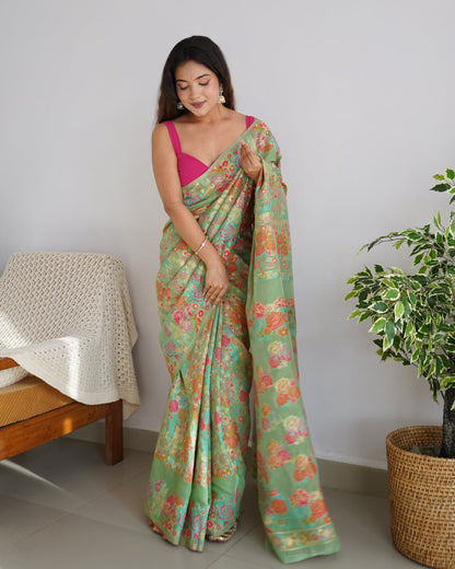Kashmiri Weaving Multiple color thread weaving pure zari weaving Pista coloured saree