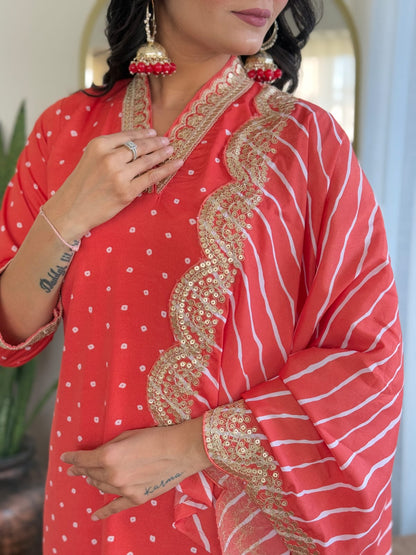 ORANGE  COLOURED  WOMEN'S  REYON   EMBROIDERED  KURTA WITH PANT DUPATTA SET