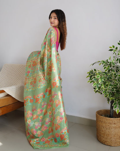 Kashmiri Weaving Multiple color thread weaving pure zari weaving Pista coloured saree