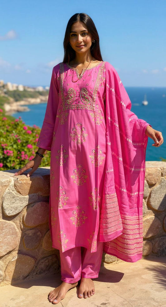 PINK COLOURED  WOMEN'S POLYSTER KURTA WITH  DUPATTA SET