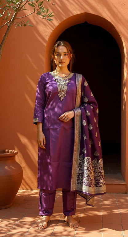 WINE COLOURED  WOMEN'S  POLYSTER  KURTA WITH  DUPATTA SET