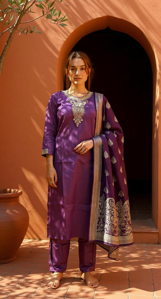 WINE COLOURED  WOMEN'S  POLYSTER  KURTA WITH  DUPATTA SET