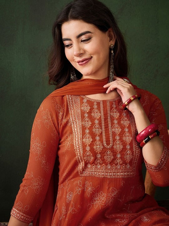 ORANGE COLOURED  WOMEN'S GEORGETTE  KURTA WITH  DUPATTA SET