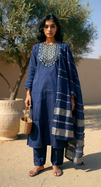 BLUE COLOURED  WOMEN'S  POLYSTER KURTA WITH  DUPATTA SET