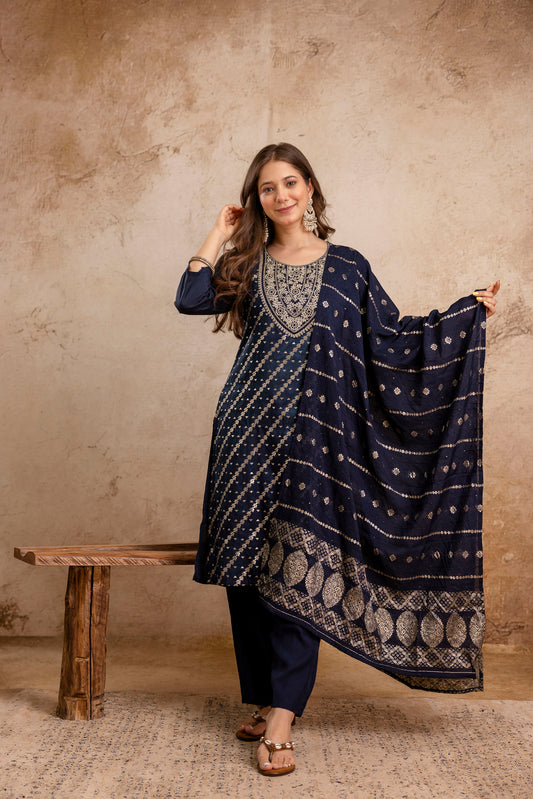NAVY BLUE  COLOURED WOMEN'S  MASLIN  KURTA WITH  DUPATTA SET