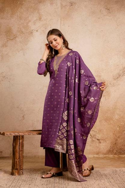 RUST  COLOURED WOMEN'S  MASLIN  KURTA WITH  DUPATTA SET