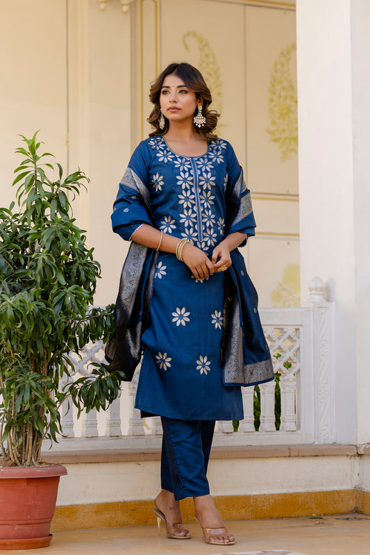 TEAL BLUE  COLOURED WOMEN'S  PURE SILK  KURTA WITH  DUPATTA SET