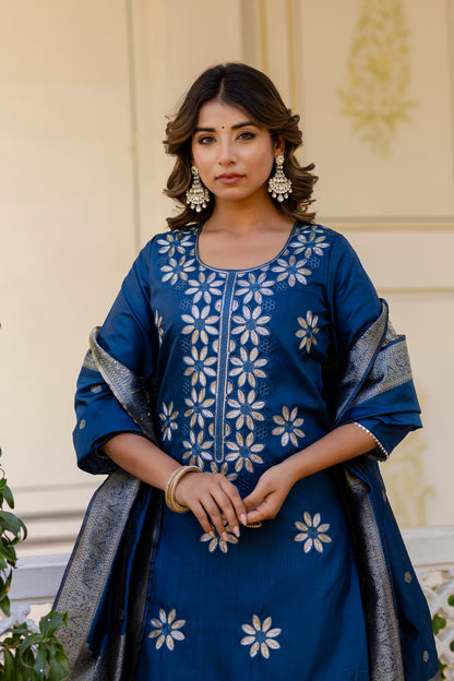 TEAL BLUE  COLOURED WOMEN'S  PURE SILK  KURTA WITH  DUPATTA SET