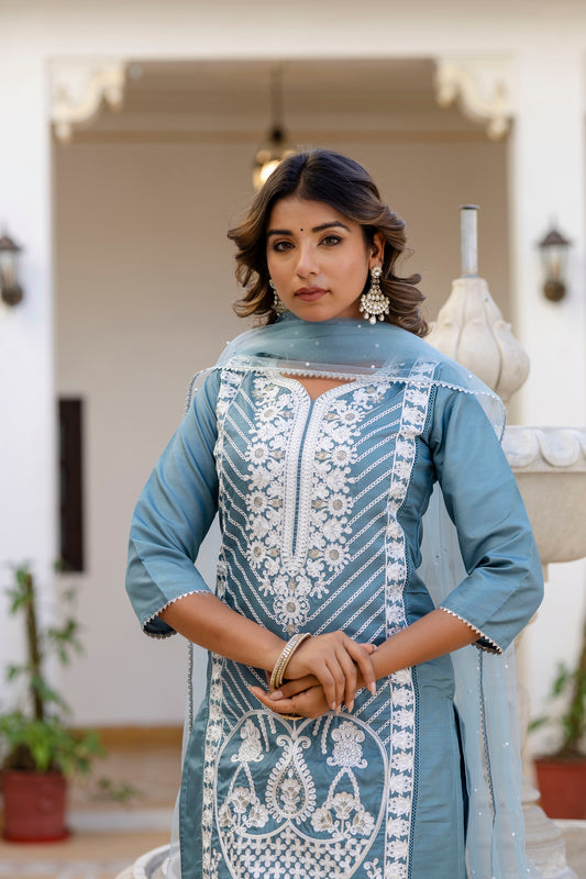 GREY COLOURED WOMEN'S VISCOSE RAYON  KURTA WITH  DUPATTA SET